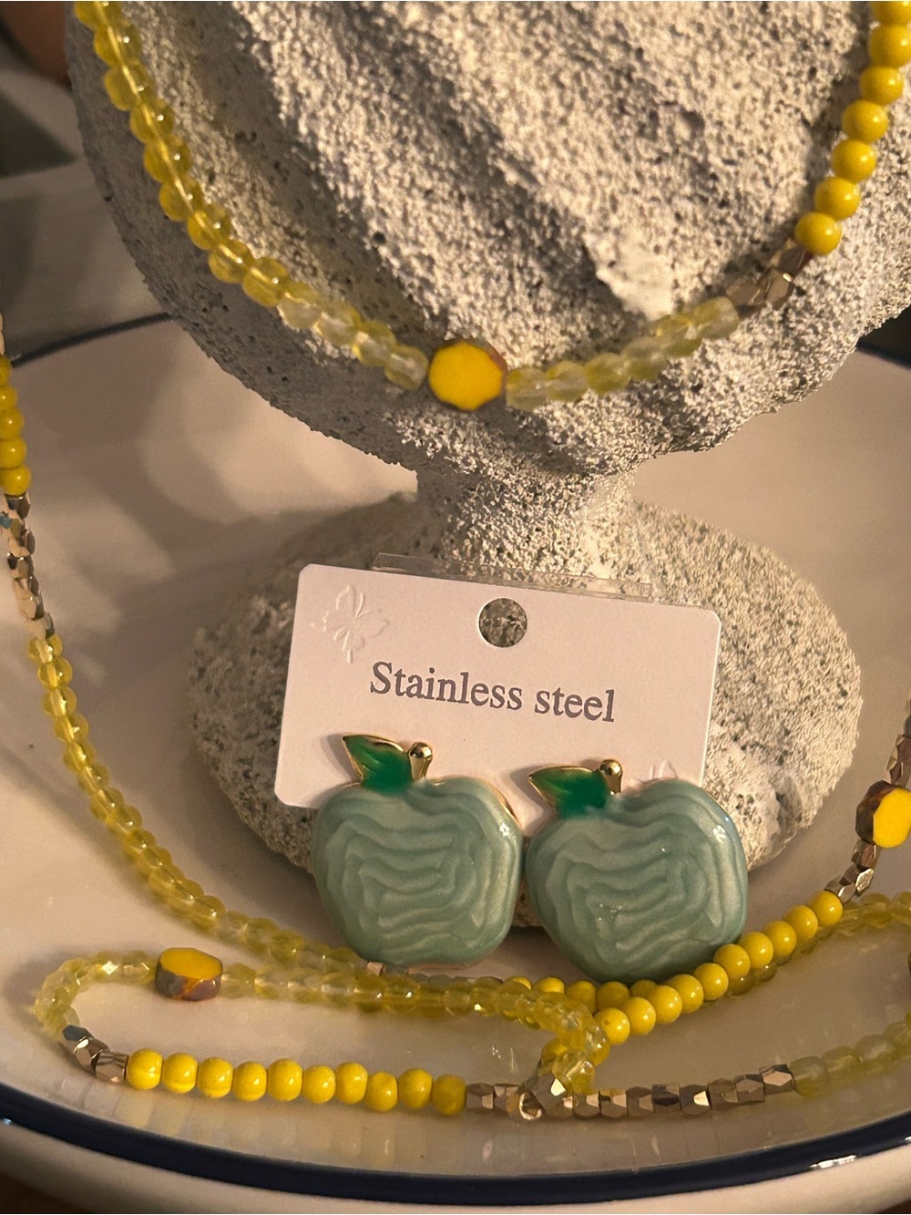Stainless Steel Mint Apple Earrings with Green Leaf Accent And Yellow bead